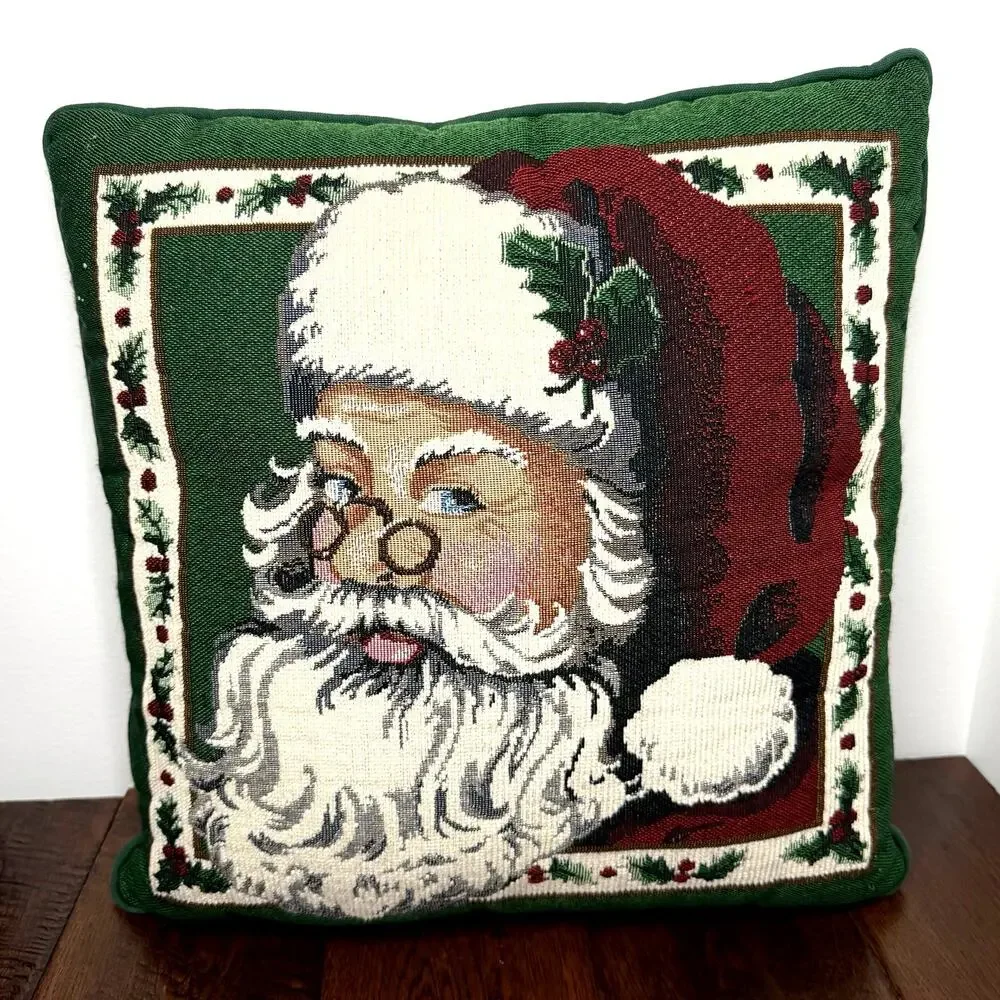Vintage Santa Claus Tapestry Pillow | Large Christmas Throw Pillow 17x17